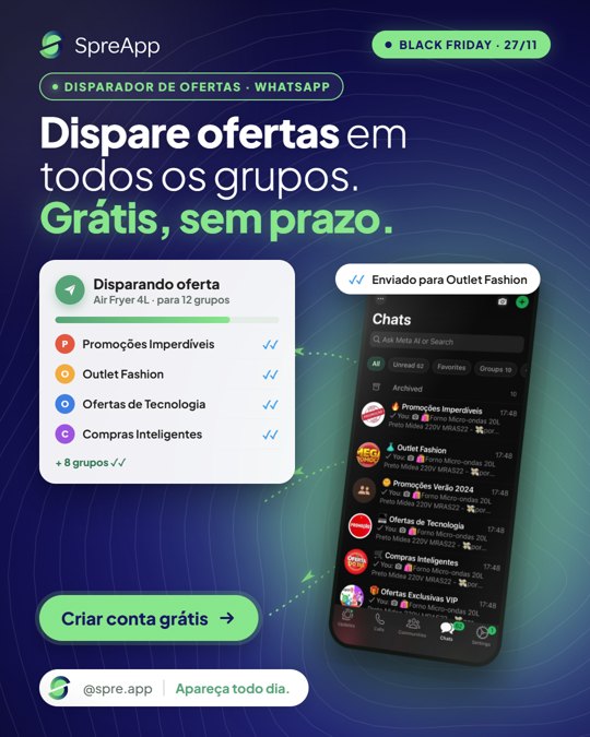 Criativo V02: Dispare ofertas em todos os grupos. Grátis, sem prazo.