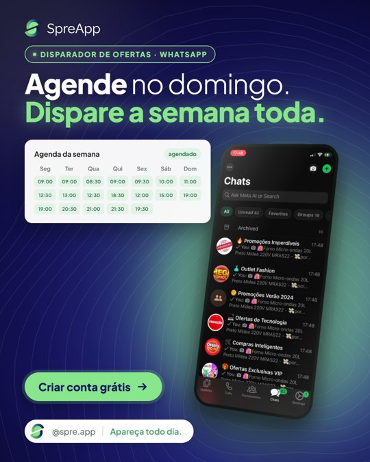 Criativo V15: Agende no domingo. Dispare a semana toda.