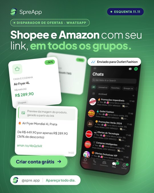 Criativo V16: Shopee e Amazon com seu link, em todos os grupos.